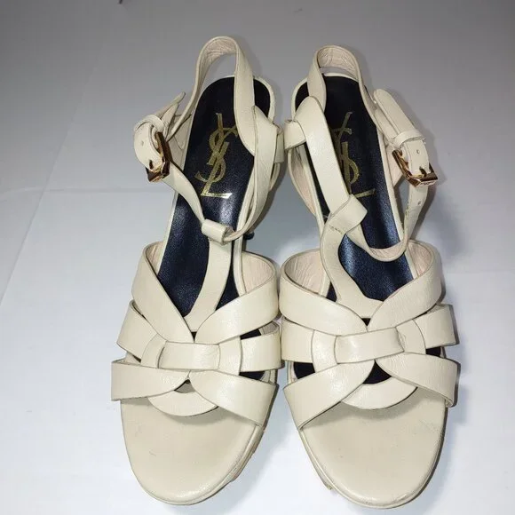 SAINT LAURENT Tribute Platform Sandals in Smooth Leather Cream Size 39 - Picture 3 of 15